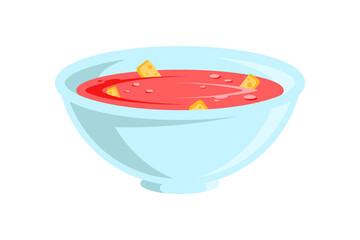 Tasty gourmet red vegetable hot soup with bread crackers serving porcelain bowl vector flat illustration. Appetizing vegetarian hot liquid dish homemade cooking recipe isolated. Cafe restaurant menu