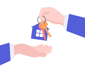 One hand passes the keys to the other hand. Concept of buying or renting a house, apartment. Isolated image. Vector illustration
