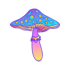 Magic mushrooms. Psychedelic hallucination. Vibrant vector illustration isolated on white. 60s hippie colorful art in vivid acid colors. Sticker, patch, poster graphic design.