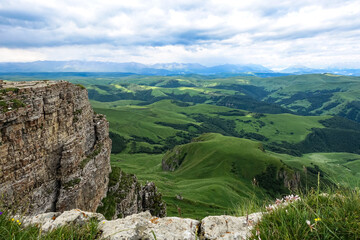 View of the mountains and the Bermamyt plateau in the Karachay-Cherkess Republic, Russia.
