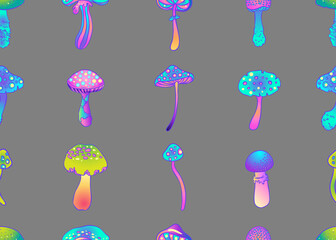 Magic mushrooms seamless pattern. Psychedelic hallucination. 60s hippie colorful art. Vintage psychedelic textile, fabric, wrapping, wallpaper. Vector repeating illustration.