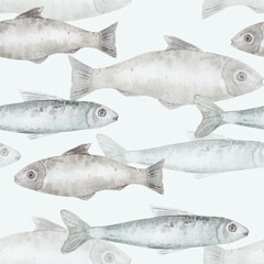  Seamless pattern with cute watercolor fish. Stock design illustration