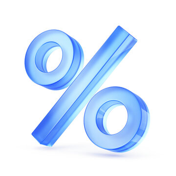 Blue glass percent sign isolated on white. % , percentage concept. 3d rendering