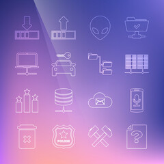 Set line Unknown document, Mobile recording, Server, Data, Web Hosting, Alien, Car rental, Computer network, Loading and Folder tree icon. Vector