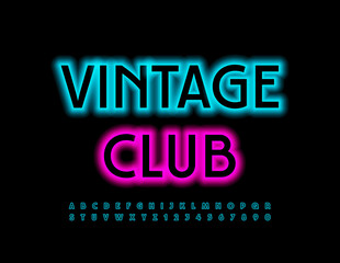 Vector neon template Vintage Club. Trendy glowing Font. Elegant Led Alphabet Letters and Numbers set