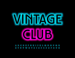 Obraz premium Vector neon template Vintage Club. Trendy glowing Font. Elegant Led Alphabet Letters and Numbers set
