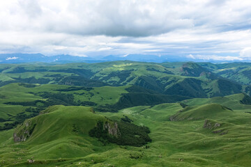 View of the mountains and the Bermamyt plateau in the Karachay-Cherkess Republic, Russia.