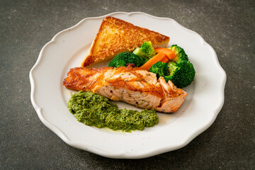 grilled salmon steak with pesto sauce