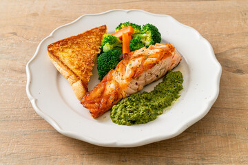 grilled salmon steak with pesto sauce