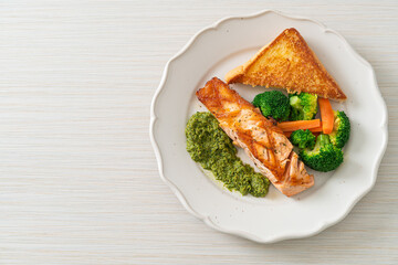 grilled salmon steak with pesto sauce