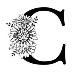 Capital letter C with flowers. Monogram, signature, title, screen caption. Black outline drawing. Vector illustration isolated on white background. Family logo, sign. Floral design, name initials.