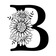 Capital letter B with flowers. Monogram, signature, title, screen caption. Black outline drawing. Vector illustration isolated on white background. Family logo, sign. Floral design, name initials.