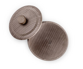Empty wooden bowl with a lid isolated on white background. View from above