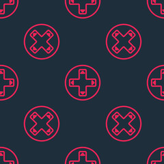 Red line Game controller or joystick for game console icon isolated seamless pattern on black background. Vector