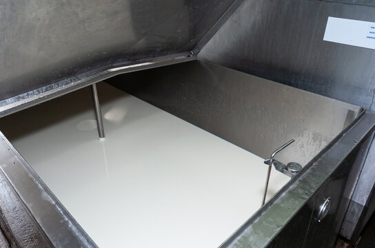 Tank &agrave; lait r&eacute;frig&eacute;r&eacute; dans une salle de traite. Remplissage du tank pendant la traite