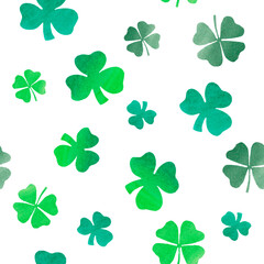 watercolor seamless pattern with shamrock. Green plant. St. Patrick's Day, Irish style. Good luck, happiness. For decor and design. Template for printing on paper, packaging.