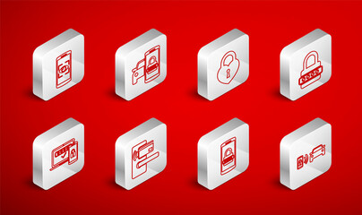 Set line Smart car alarm system, security, Castle in the shape of heart, Password protection, Mobile and password, eye scan, Digital door lock with wireless and Two steps authentication icon. Vector