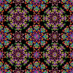 Seamless pattern with abstract patterns and colors on a black background