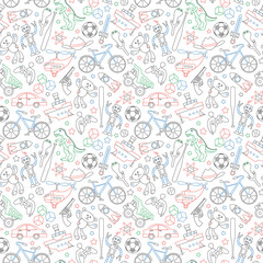 Seamless pattern on the theme of childhood and toys, toys for boys, colored outlines icons on white background