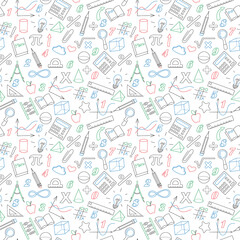 Fototapeta na wymiar Seamless background with simple icons on the theme of mathematics and learning , colored marker on white background