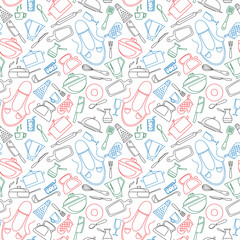 Seamless pattern on the theme of cooking and kitchen utensils, simple contour icons, painted with colored markers on white background