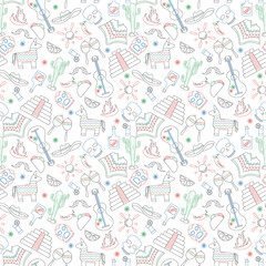 Seamless pattern on the theme of recreation in the country of Mexico, contour icons are drawn with colored markers on white background
