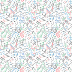 Seamless background with simple icons on a theme medicine and health, colored marker on white background