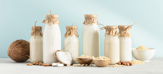 Vegan non dairy plant based milk in bottles on blue background. Alternative lactose free milk...