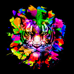 Bright abstract colorful background with tiger, paint splashes