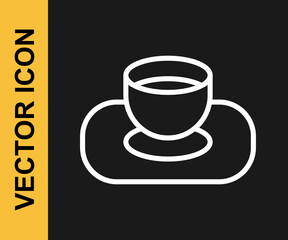 White line Soy sauce in bowl icon isolated on black background. Vector