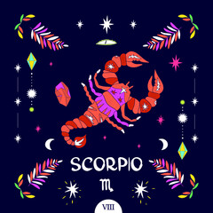 Zodiac sign scorpio vector illustration of a magic banner with the moon, stars, crystals, scorpio painted on the background. For poster, banner, print, web elements