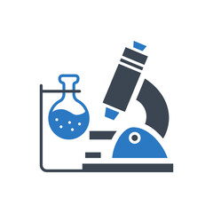 Medical research related vector glyph icon. Microscope and test flask sign. Isolated on white background. Editable vector illustration