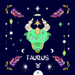 Zodiac sign Taurus vector illustration of a magic banner with the head of a Taurus painted on the background of the moon, stars, crystals. For poster, banner, print, web elements