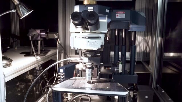 High tech professional laboratory microscope in an office,closeup.