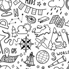 Geography or travel doodle seamless background. School subject pattern. Study, science concept in cartoon style.. Back to school background. Hand drawn vector illustration. - 483901756