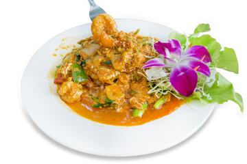 Die cut of Stir Fried Shrimp with Curry Powder on white isolated.