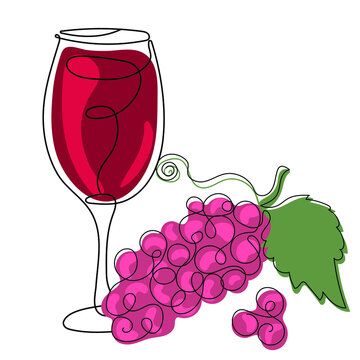 Glass of red wine and grape. Trendy vector illustration of alcohol drink in minimalist line art style.