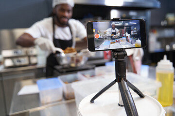 American chef shooting online video cooking lesson