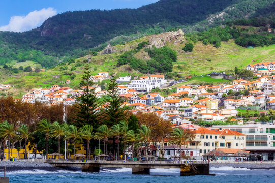 Portugal, Madeira, Machico, View of coastal town