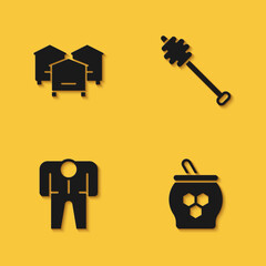 Set Hive for bees, Jar of honey and dipper stick, Beekeeper costume and Honey icon with long shadow. Vector