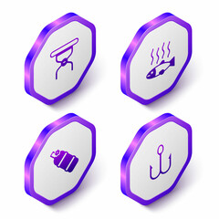 Set Isometric Camping folding chair, Dead fish, Aqualung and Fishing hook icon. Purple hexagon button. Vector