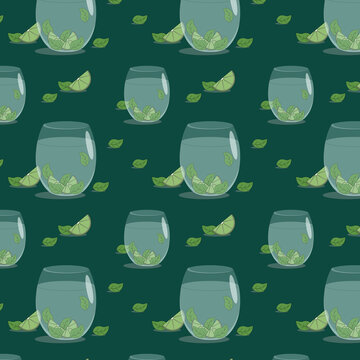 seamless pattern, glasses with a light drink of mint and lime pieces on a dark background