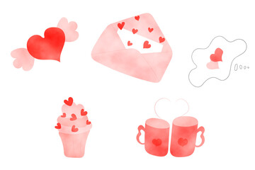 Set of watercolor elements for February 14