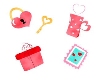 Set of watercolor elements for February 14