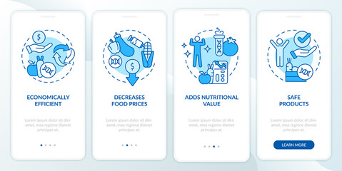 Advantages of gmo blue onboarding mobile app screen. Food issues walkthrough 4 steps graphic instructions pages with linear concepts. UI, UX, GUI template. Myriad Pro-Bold, Regular fonts used
