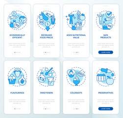 Food issues blue onboarding mobile app screen set. Gmo products walkthrough 4 steps graphic instructions pages with linear concepts. UI, UX, GUI template. Myriad Pro-Bold, Regular fonts used