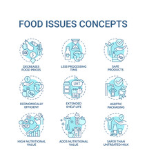 Food issues turquoise concept icons set. Preserve products. Processing technology idea thin line color illustrations. Isolated symbols. Editable stroke. Roboto-Medium, Myriad Pro-Bold fonts used