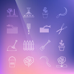 Set line Planting tree in the ground, Flowers pot, Gardening handmade scissor, fork, hose fire hose, and icon. Vector