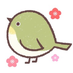 メジロと複数の梅の花