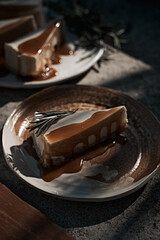 Slice of cheesecake with caramel sauce